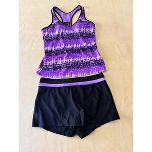 Gerry Women's Black Purple 2 Pc Tankini & Skirt Swim Suit Size L